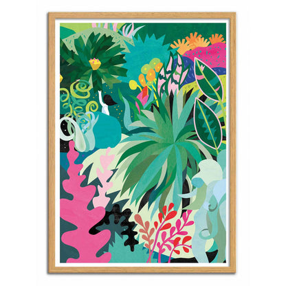 Colorful botanical art print by Shihotana featuring a vibrant jungle scene with lush tropical leaves, pink and green foliage, and abstract organic shapes. Perfect modern wall art for bright interiors and nature lovers.