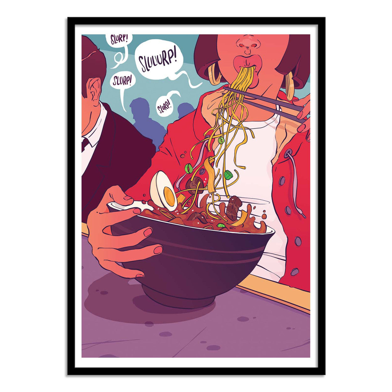 Ramen Shop by Barrie Jones – 30x40 cm colorful art print of a person eating ramen with chopsticks, noodles, egg, and broth illustrated in bold comic-style colors. Perfect Japanese food wall art for kitchens, dining rooms, or restaurant decor.