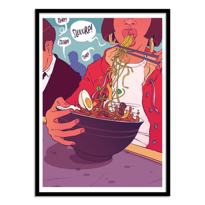 Ramen Shop by Barrie Jones – 30x40 cm colorful art print of a person eating ramen with chopsticks, noodles, egg, and broth illustrated in bold comic-style colors. Perfect Japanese food wall art for kitchens, dining rooms, or restaurant decor.