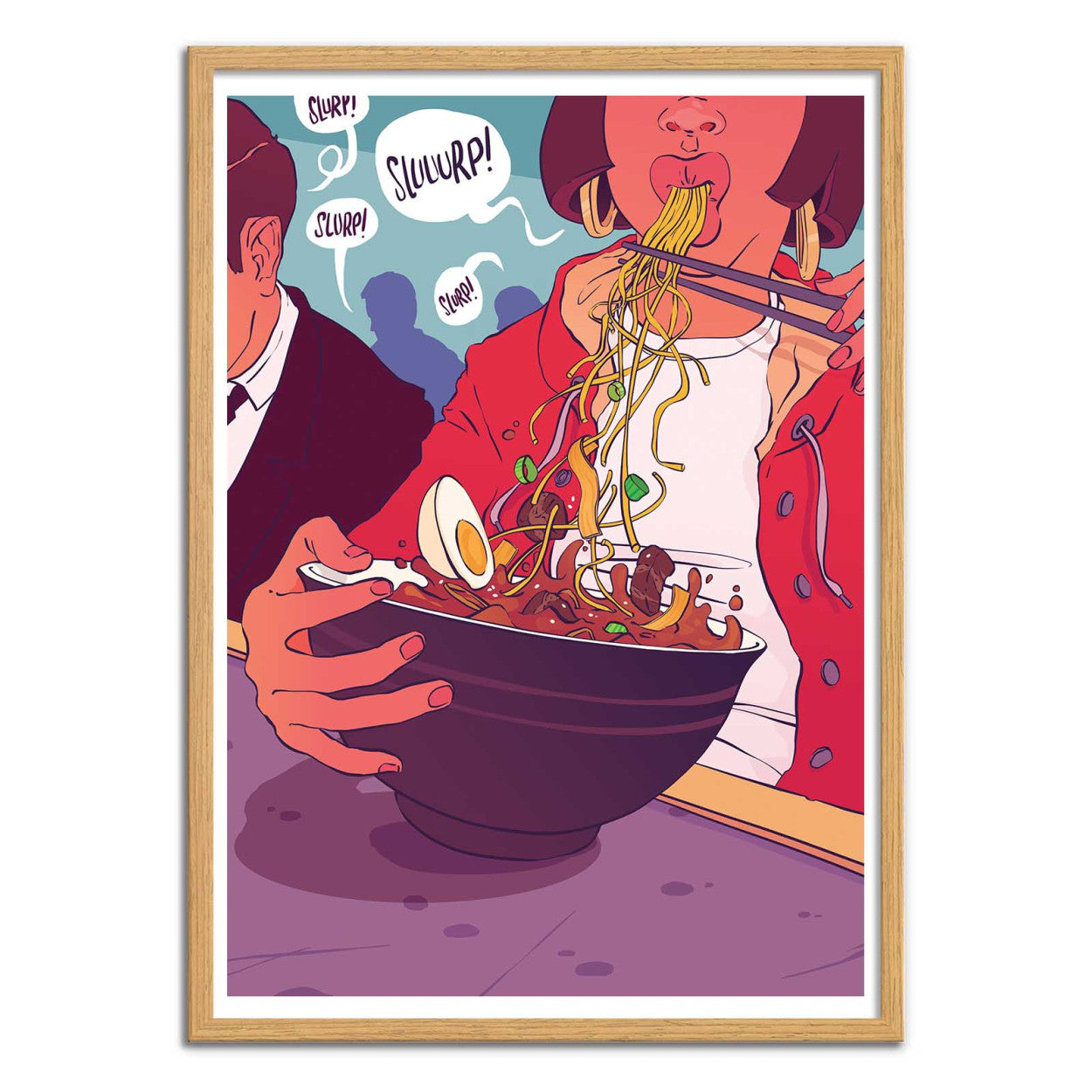 Ramen Shop by Barrie Jones – 30x40 cm colorful art print of a person eating ramen with chopsticks, noodles, egg, and broth illustrated in bold comic-style colors. Perfect Japanese food wall art for kitchens, dining rooms, or restaurant decor.