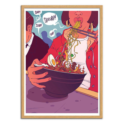 Ramen Shop by Barrie Jones – 30x40 cm colorful art print of a person eating ramen with chopsticks, noodles, egg, and broth illustrated in bold comic-style colors. Perfect Japanese food wall art for kitchens, dining rooms, or restaurant decor.