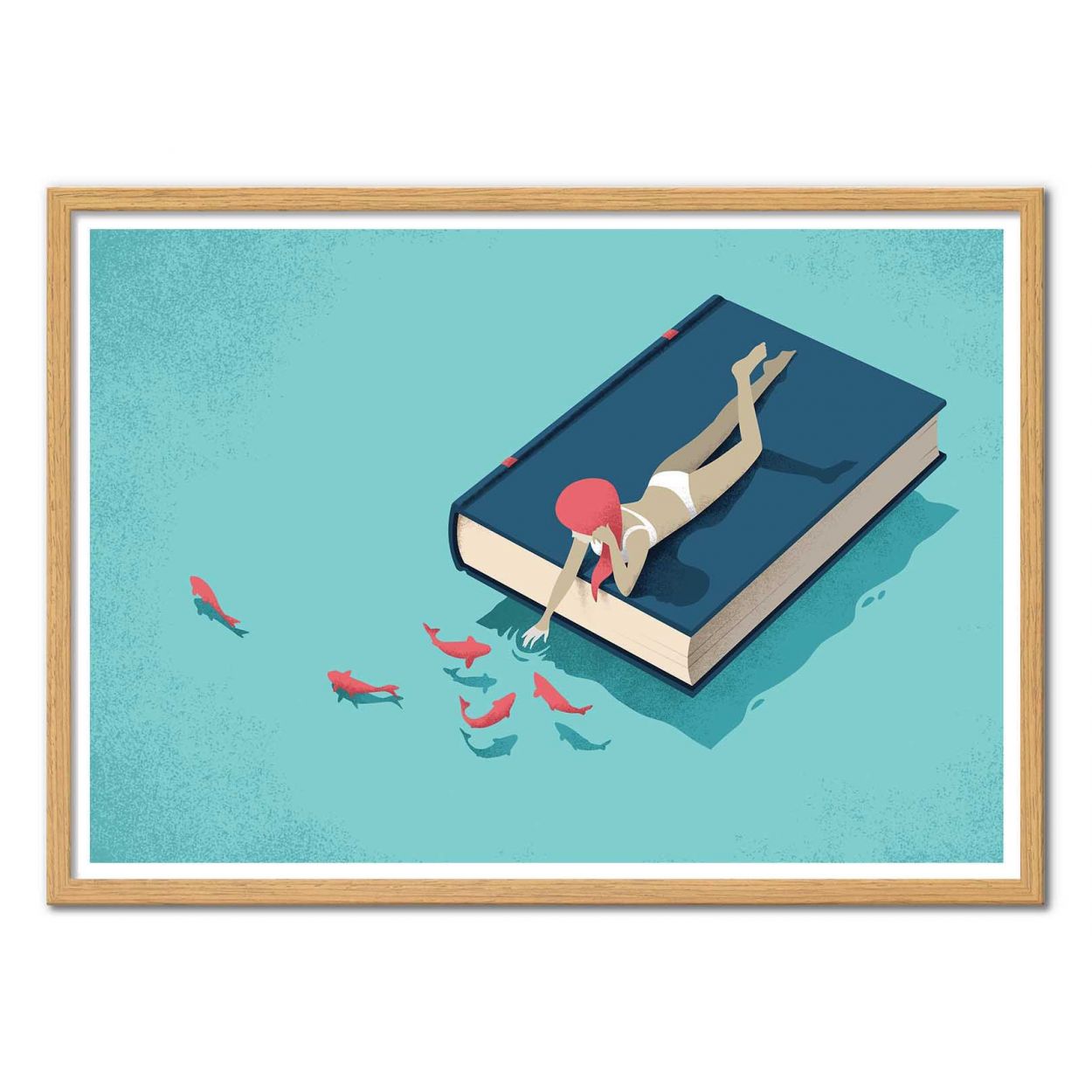 Art print Relaxing by Andrea de Santis showing a woman in a white swimsuit lying on a large blue book floating on turquoise water, reaching toward red fish — a surreal minimalist illustration symbolizing imagination, reading, and tranquility.