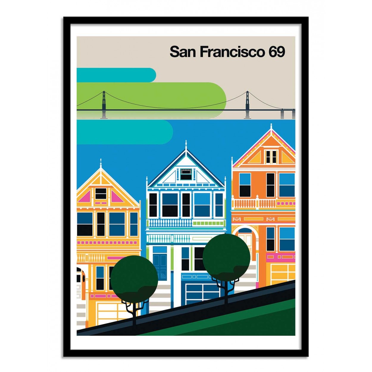 San Francisco 69 by Bo Lundberg – 30x40 cm retro city art print featuring the Painted Ladies houses and Golden Gate Bridge. Colorful 1960s-inspired minimal vector illustration, vintage travel poster style, perfect for modern home decor and design lovers.