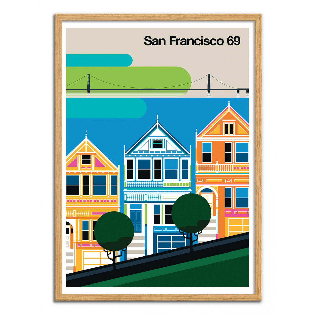 San Francisco 69 by Bo Lundberg – 30x40 cm retro city art print featuring the Painted Ladies houses and Golden Gate Bridge. Colorful 1960s-inspired minimal vector illustration, vintage travel poster style, perfect for modern home decor and design lovers.