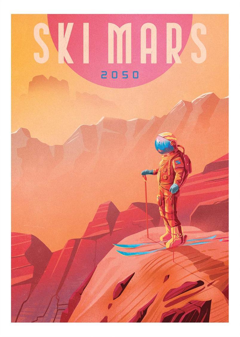 Retro-futuristic art print Ski Mars by Mark Harrison showing an astronaut skier overlooking the red Martian landscape under a pink sun. Vibrant orange and blue tones create a nostalgic sci-fi travel poster style, perfect wall art for design and space lovers.