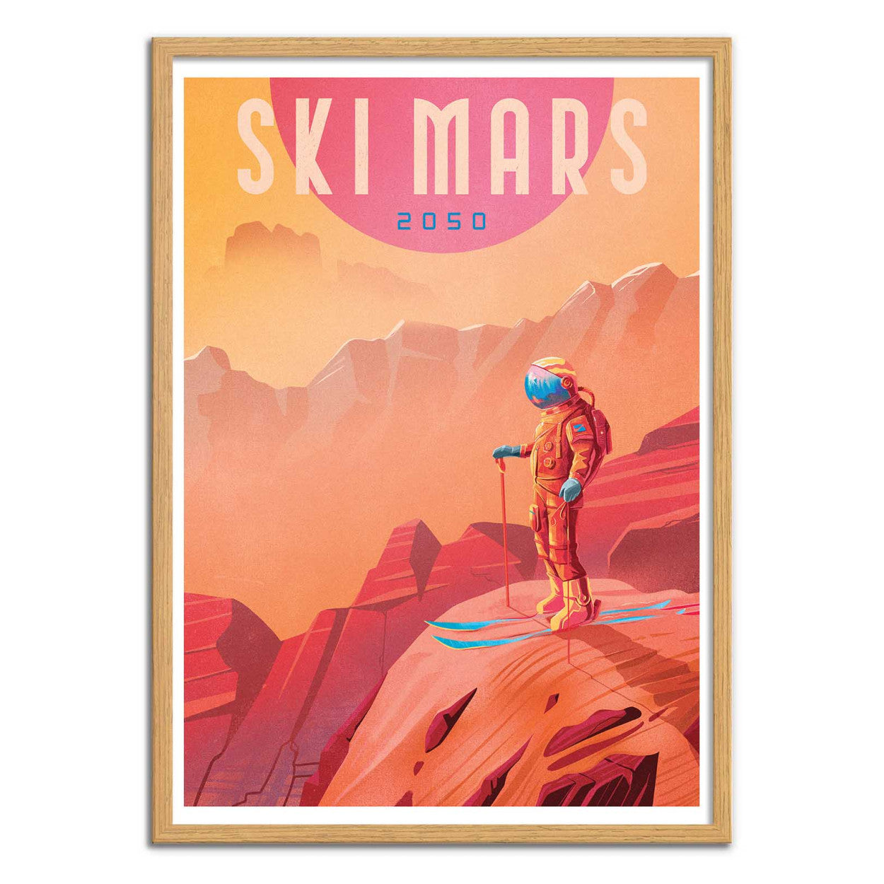 Retro-futuristic art print Ski Mars by Mark Harrison showing an astronaut skier overlooking the red Martian landscape under a pink sun. Vibrant orange and blue tones create a nostalgic sci-fi travel poster style, perfect wall art for design and space lovers.