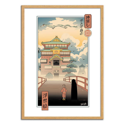 Japanese Ukiyo-e style art print by Vincent Trinidad inspired by Spirited Away, featuring a traditional bathhouse, bridge, dragon in the sky, and two characters standing before the entrance at sunset; high-quality digital art print 50x70 cm printed in France.