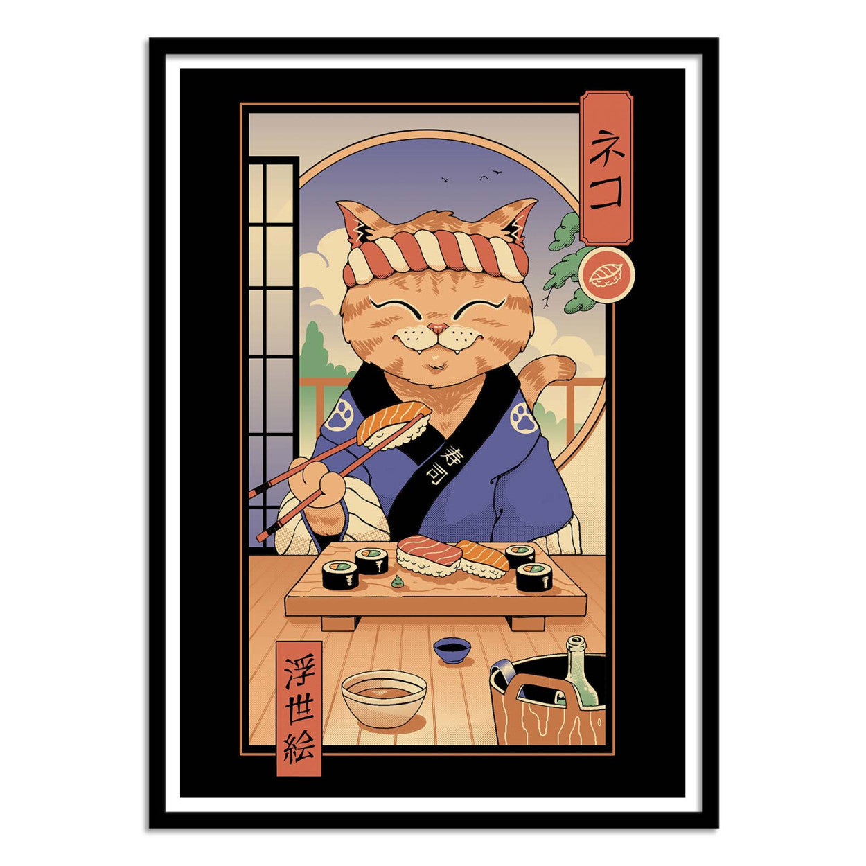 Sushi Cat in Edo by Vincent Trinidad – 30x40 cm Japanese pop art print of a smiling cat sushi chef in traditional Edo attire, preparing nigiri and sushi rolls with chopsticks, playful wall decor for Japanese culture and food lovers.