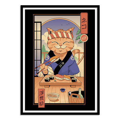 Sushi Cat in Edo by Vincent Trinidad – 30x40 cm Japanese pop art print of a smiling cat sushi chef in traditional Edo attire, preparing nigiri and sushi rolls with chopsticks, playful wall decor for Japanese culture and food lovers.