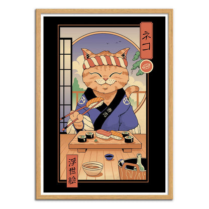 Sushi Cat in Edo by Vincent Trinidad – 30x40 cm Japanese pop art print of a smiling cat sushi chef in traditional Edo attire, preparing nigiri and sushi rolls with chopsticks, playful wall decor for Japanese culture and food lovers.