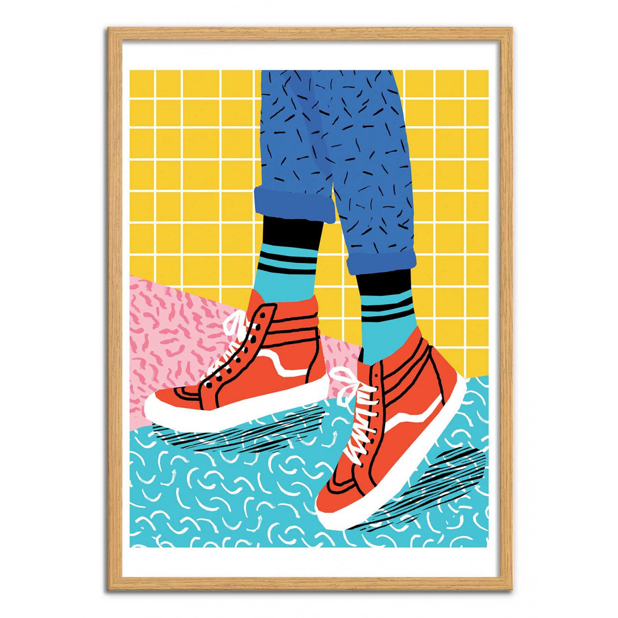 Vibrant pop art print titled Toe Drag by Wacka showing red high-top sneakers, bright patterned socks, and rolled-up blue jeans against a colorful Memphis-style background in yellow, pink, and turquoise — modern street art poster, 50x70 cm digital print, perfect for contemporary interiors and sneaker lovers.