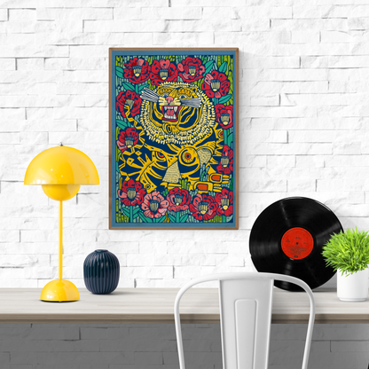Gato Montés en un campo de amapolas by Asis Percales – A3 Spanish art print of a wildcat surrounded by red poppies, bold circus tattoo-inspired illustration with vibrant colors.