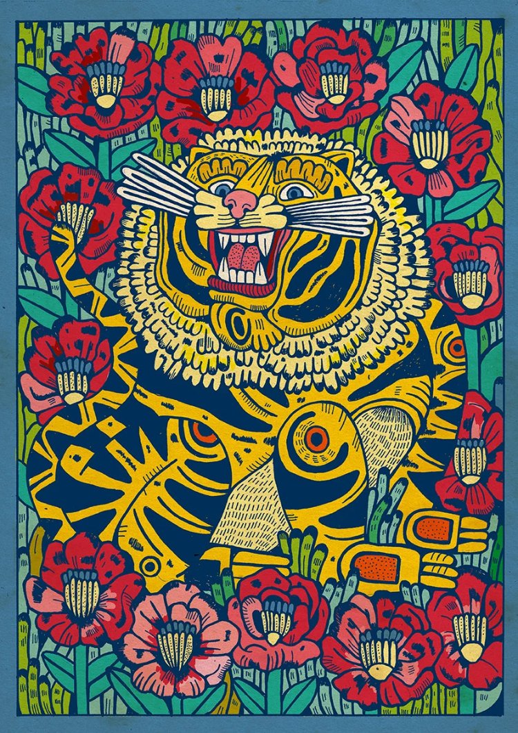 Gato Montés en un campo de amapolas by Asis Percales – A3 Spanish art print of a wildcat surrounded by red poppies, bold circus tattoo-inspired illustration with vibrant colors.