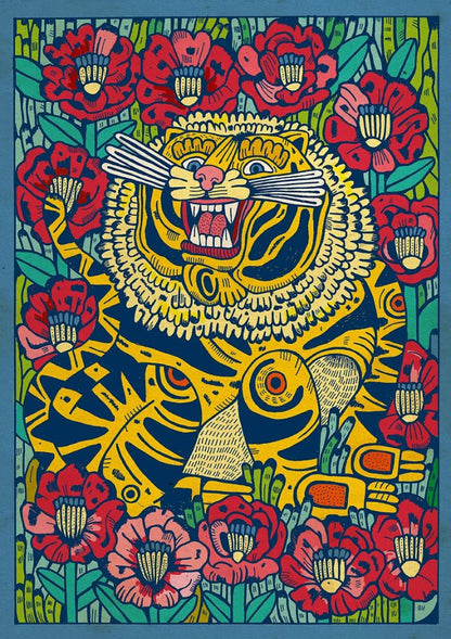 Gato Montés en un campo de amapolas by Asis Percales – A3 Spanish art print of a wildcat surrounded by red poppies, bold circus tattoo-inspired illustration with vibrant colors.