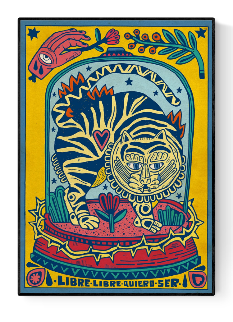 Libre, libre quiero ser by Asis Percales – A3 Spanish art print of a wild striped feline surrounded by flowers, circus tattoo-inspired design celebrating freedom and rebellion.