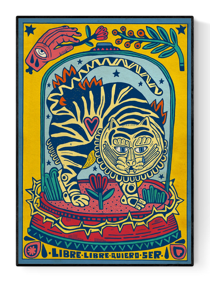 Libre, libre quiero ser by Asis Percales – A3 Spanish art print of a wild striped feline surrounded by flowers, circus tattoo-inspired design celebrating freedom and rebellion.