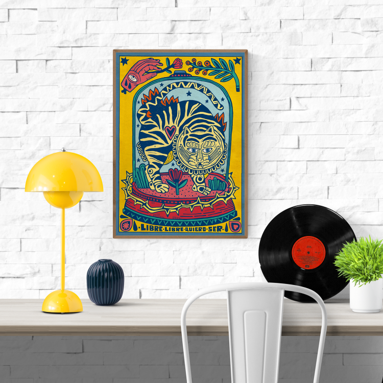 Libre, libre quiero ser by Asis Percales – A3 Spanish art print of a wild striped feline surrounded by flowers, circus tattoo-inspired design celebrating freedom and rebellion.