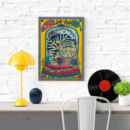 Libre, libre quiero ser by Asis Percales – A3 Spanish art print of a wild striped feline surrounded by flowers, circus tattoo-inspired design celebrating freedom and rebellion.