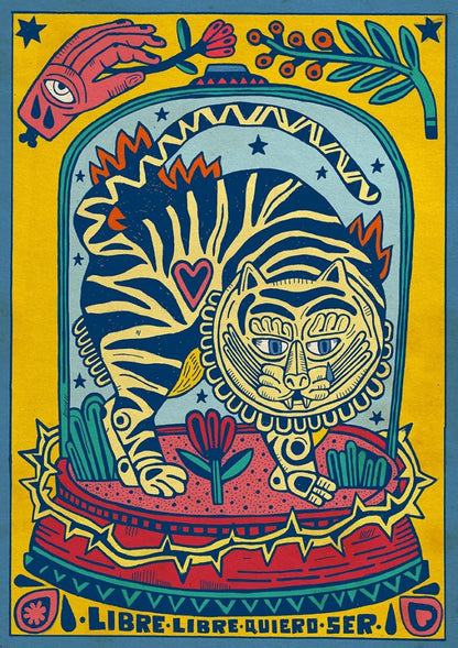 buy illustration with tiger by Asis Percales Libre, libre quiero ser by Asis Percales – A3 Spanish art print of a wild striped feline surrounded by flowers, circus tattoo-inspired design celebrating freedom and rebellion.