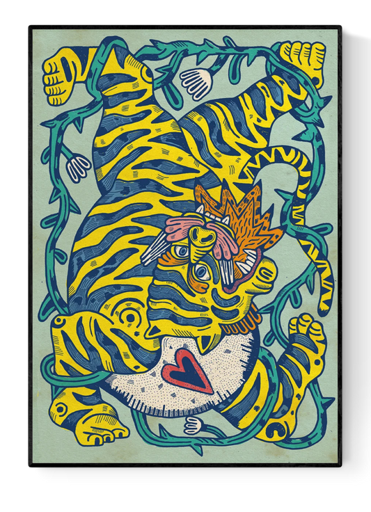 Fiera by Asis Percales – A3 art print of a yellow tiger entangled in jungle vines, bold tattoo-style lines, Mediterranean folk-inspired surreal illustration.