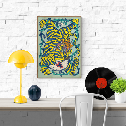 Fiera by Asis Percales – A3 art print of a yellow tiger entangled in jungle vines, bold tattoo-style lines, Mediterranean folk-inspired surreal illustration.