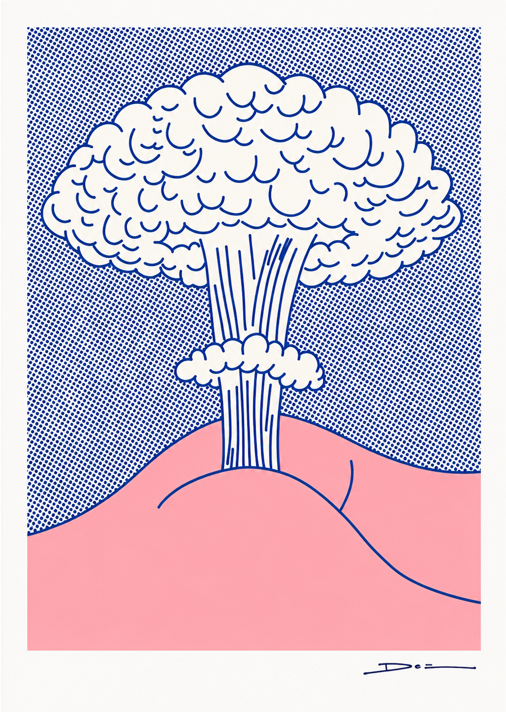 Minimalist pop-art illustration of a mushroom cloud in blue and pink tones, digital print by Studio Stoutpoep. Bold graphic lines, playful humor, vertical composition, ideal for modern wall art and contemporary home decor.