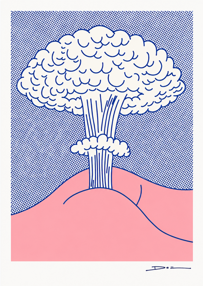 Minimalist pop-art illustration of a mushroom cloud in blue and pink tones, digital print by Studio Stoutpoep. Bold graphic lines, playful humor, vertical composition, ideal for modern wall art and contemporary home decor.