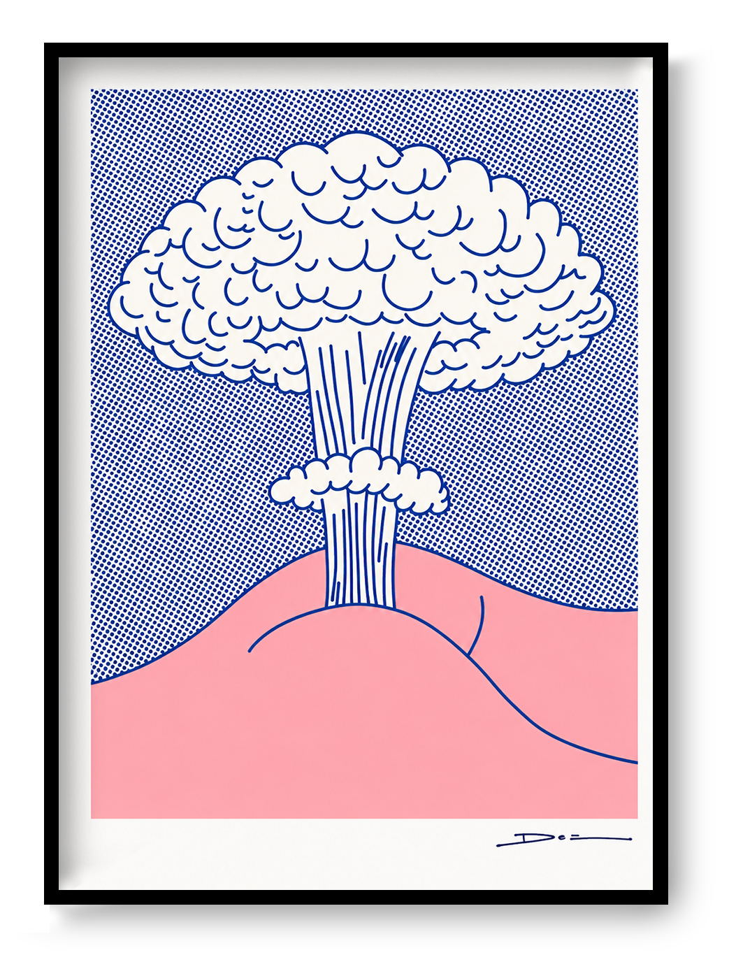 Minimalist pop-art illustration of a mushroom cloud in blue and pink tones, digital print by Studio Stoutpoep. Bold graphic lines, playful humor, vertical composition, ideal for modern wall art and contemporary home decor.