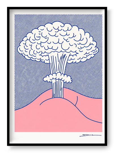 Minimalist pop-art illustration of a mushroom cloud in blue and pink tones, digital print by Studio Stoutpoep. Bold graphic lines, playful humor, vertical composition, ideal for modern wall art and contemporary home decor.
