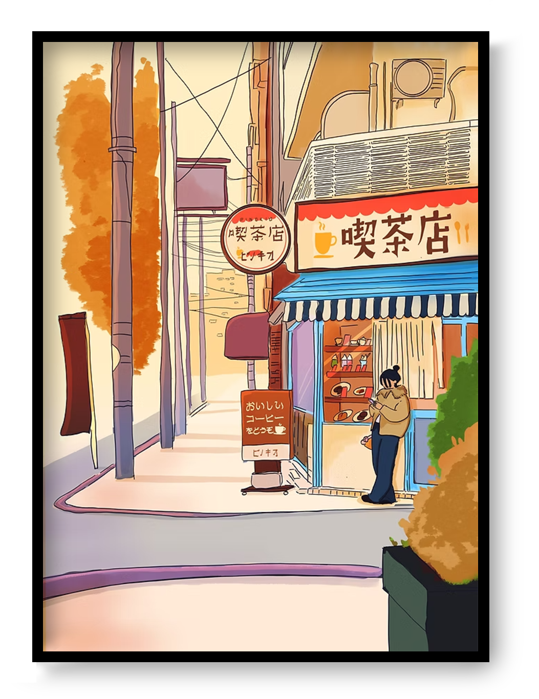 Illustration of a quiet Japanese street in autumn with a cozy café, warm golden trees, and a customer outside, created in a soft contemporary style as a Fine Art Giclée print, ideal for peaceful home decor.