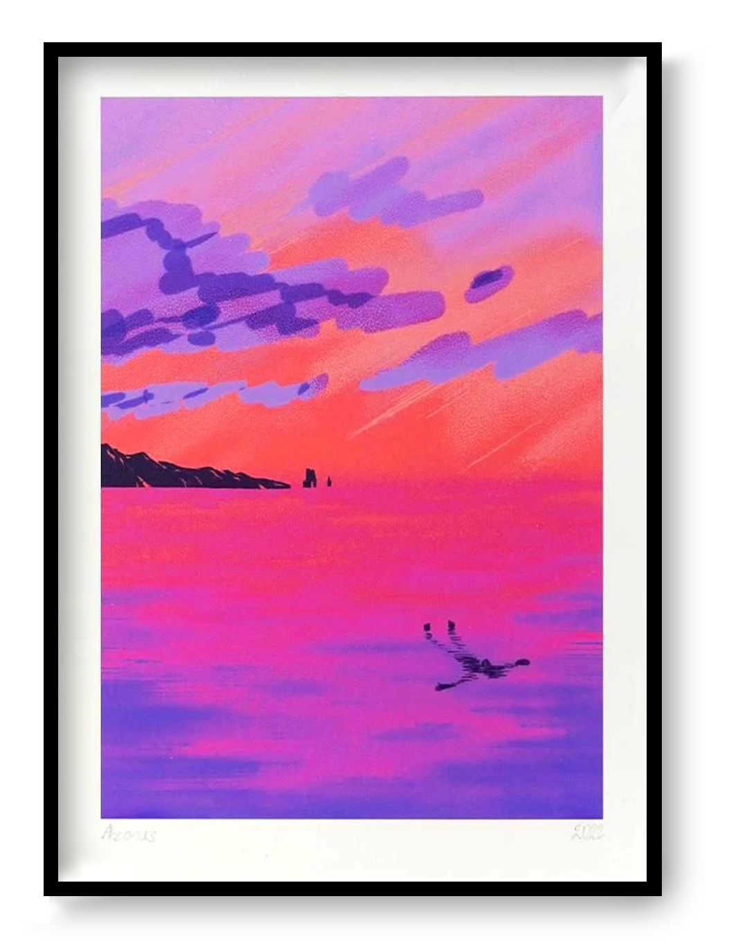 Vibrant sunset seascape illustration by Linde Raats titled 'Azores,' depicting a dreamy ocean view in striking shades of pink, purple, and coral. A lone swimmer floats peacefully in the glowing water as dramatic clouds stretch across the colorful sky—an evocative and serene print inspired by the Azores, perfect for lovers of tranquil landscapes and bold contemporary color palettes