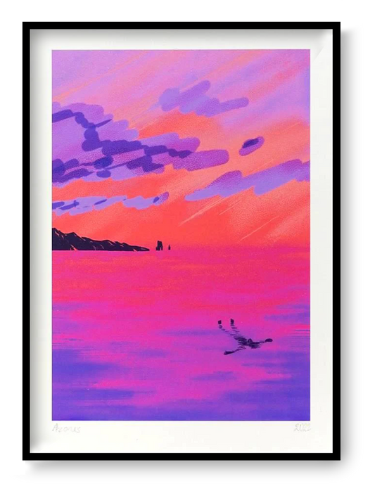 Vibrant sunset seascape illustration by Linde Raats titled 'Azores,' depicting a dreamy ocean view in striking shades of pink, purple, and coral. A lone swimmer floats peacefully in the glowing water as dramatic clouds stretch across the colorful sky—an evocative and serene print inspired by the Azores, perfect for lovers of tranquil landscapes and bold contemporary color palettes