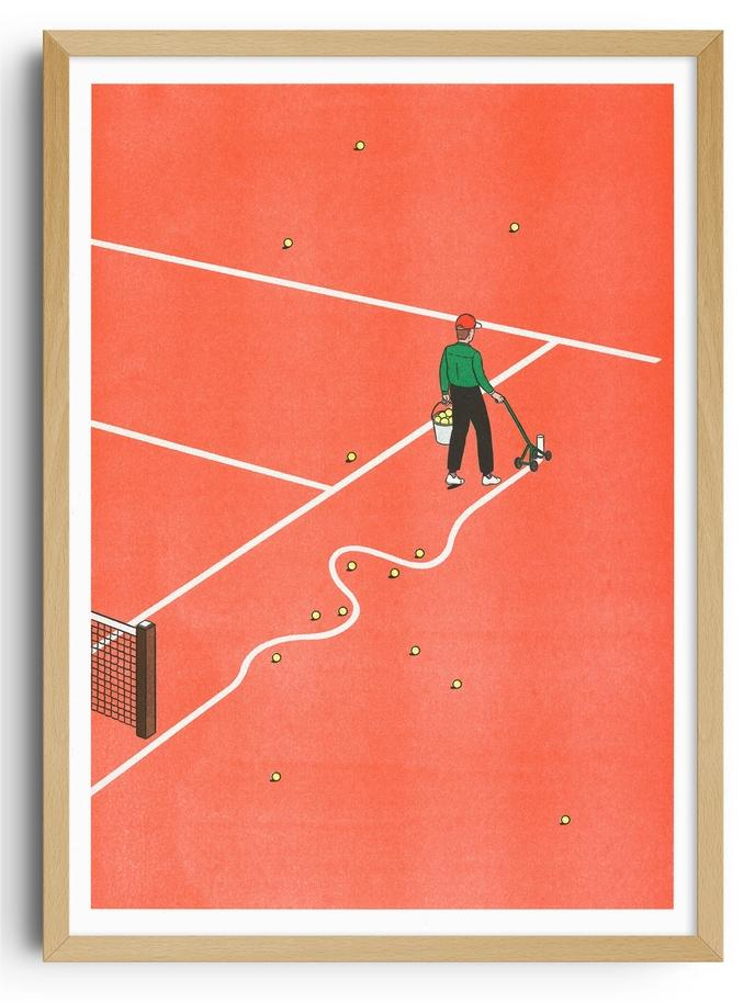 Roland-Garros art print by French illustrator Simon Bailly — risograph poster featuring a man marking tennis court lines with a curved stroke on a red clay field, surrounded by scattered tennis balls. Minimalist, witty, and modern design printed on Munken White paper by KIBLIND Workshop.