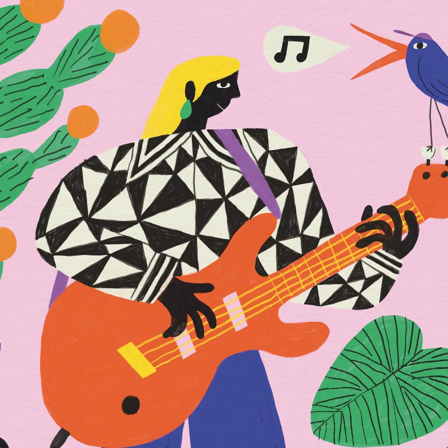 Colorful art print titled “La Joueuse de basse” by Dans les Dents, featuring a woman playing bass guitar surrounded by plants, a speaker, a dog, and a singing bird, in a bold and cheerful retro style.