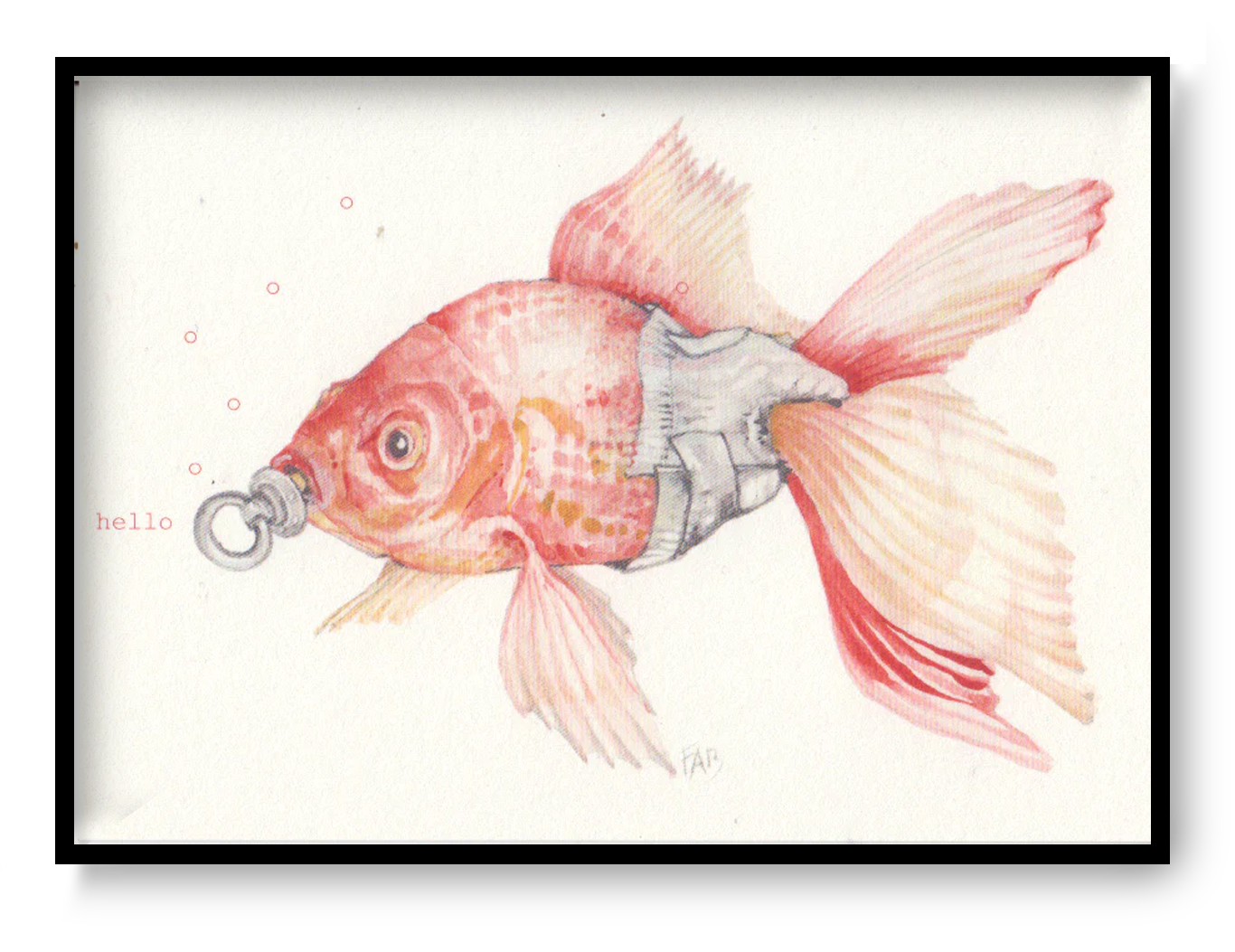Delicate and whimsical illustration by FAB titled 'Baby Goldfish,' featuring a soft pink and orange goldfish with a pacifier in its mouth and the word 'hello' typed in red. Rendered in gentle pencil tones with a surreal twist, this charming and humorous artwork is perfect for nursery walls, quirky gift ideas, or fans of imaginative animal art