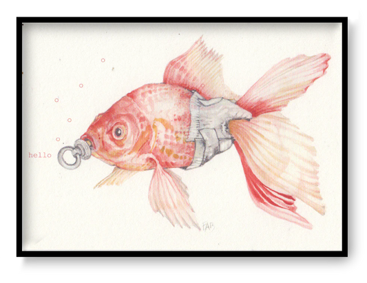 Delicate and whimsical illustration by FAB titled 'Baby Goldfish,' featuring a soft pink and orange goldfish with a pacifier in its mouth and the word 'hello' typed in red. Rendered in gentle pencil tones with a surreal twist, this charming and humorous artwork is perfect for nursery walls, quirky gift ideas, or fans of imaginative animal art