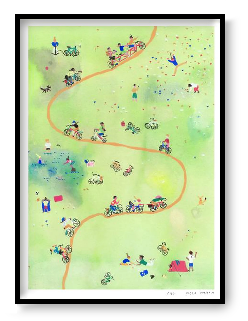 Limited edition A3 risograph print by Viola Amman showing cyclists and small figures moving through a soft green landscape, playful and airy composition, contemporary illustration printed on Munken Print White paper, signed and numbered art print.