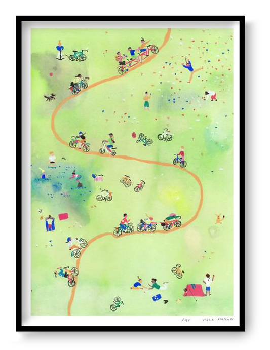 Limited edition A3 risograph print by Viola Amman showing cyclists and small figures moving through a soft green landscape, playful and airy composition, contemporary illustration printed on Munken Print White paper, signed and numbered art print.
