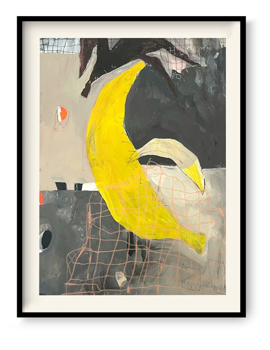 Bold and expressive mixed-media illustration by Wünsch & Stömer titled 'Banana,' featuring a large, vibrant yellow banana set against a textured abstract background in muted tones of grey, black, and beige. With raw lines, layered patterns, and spontaneous marks, this contemporary artwork blends pop art energy with abstract expressionism—ideal for modern art collectors and eclectic interiors