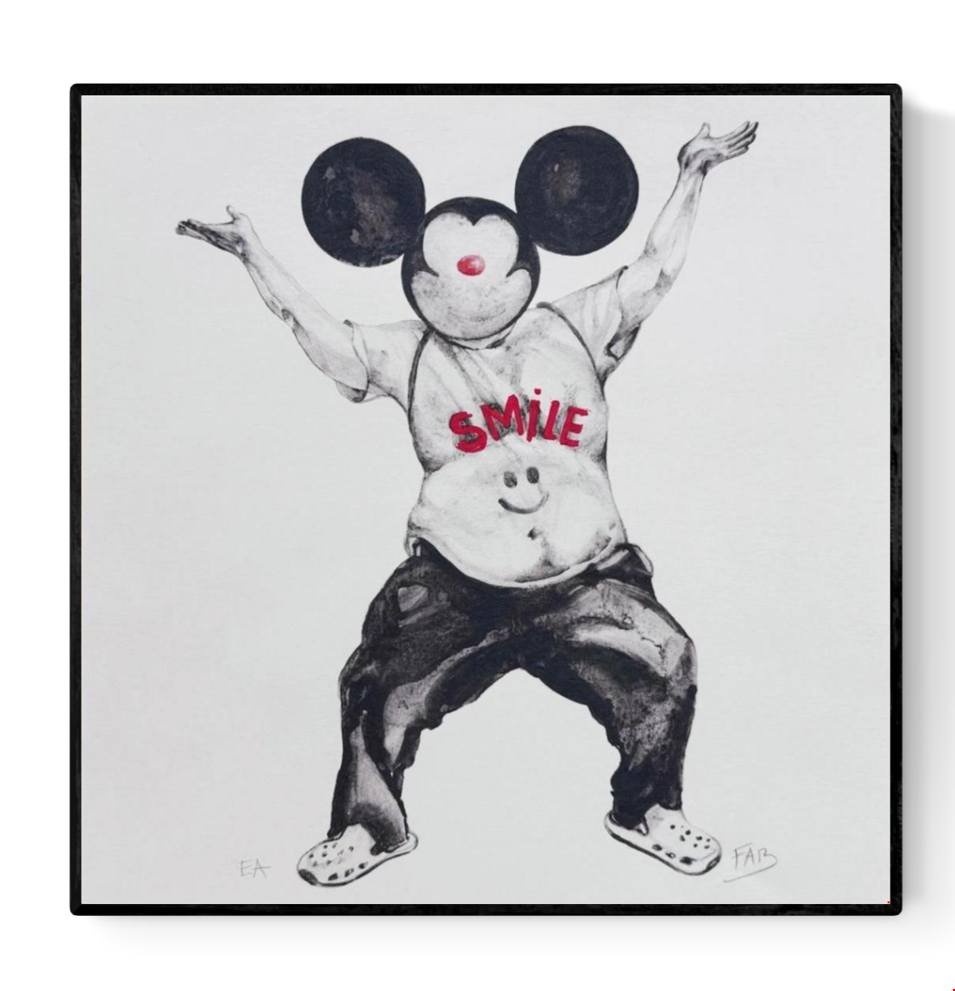 "Smile" square art print by Belgian illustrator FAB – surreal black-and-white drawing of a person with cartoon ears, Crocs, and a 'SMILE' T-shirt, printed on premium paper, celebrating absurdity and joy.