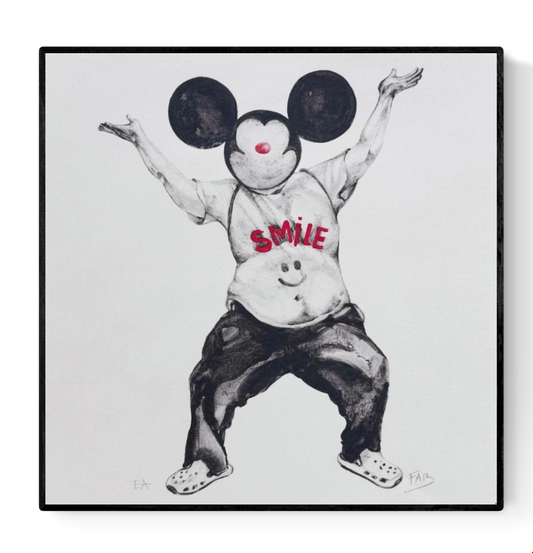 "Smile" square art print by Belgian illustrator FAB – surreal black-and-white drawing of a person with cartoon ears, Crocs, and a 'SMILE' T-shirt, printed on premium paper, celebrating absurdity and joy.