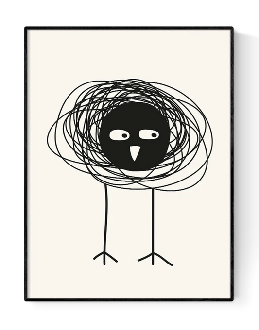 Minimalist black-and-white art print of a quirky little bird made from bold scribbles and simple lines by Silvia Visscher – 30x40 cm modern illustration printed in the Netherlands.