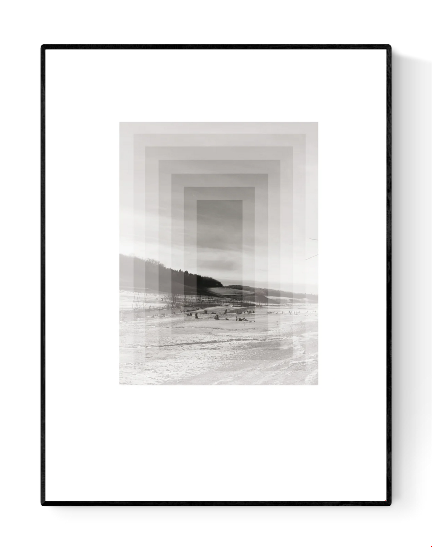 Minimalist Nordic art print SØ by Studio Frits, black-and-white geometric landscape inspired by Swedish winter woods, fine art digital print on matte paper, modern wall decor for Scandinavian and design lovers.