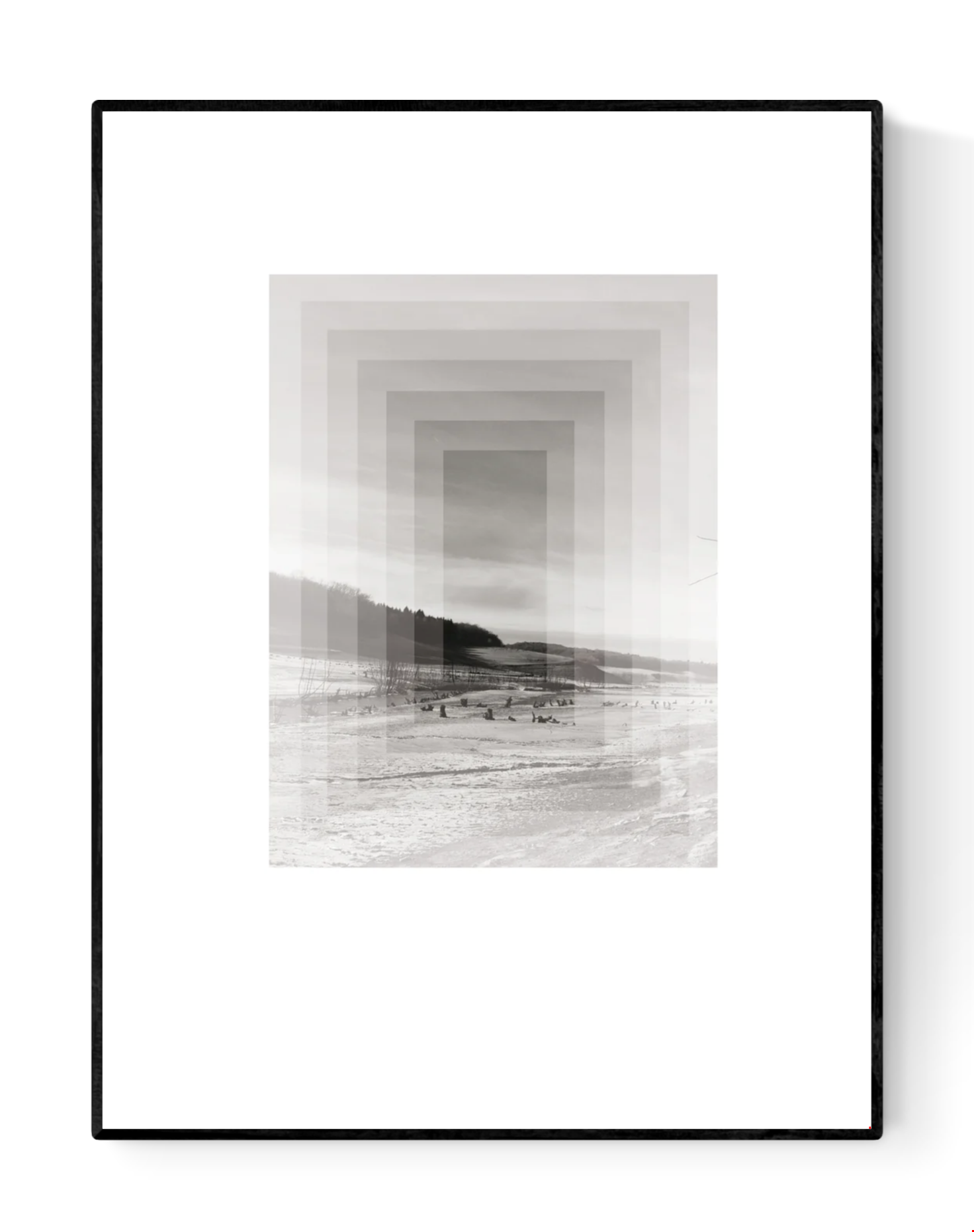 Minimalist Nordic art print SØ by Studio Frits, black-and-white geometric landscape inspired by Swedish winter woods, fine art digital print on matte paper, modern wall decor for Scandinavian and design lovers.