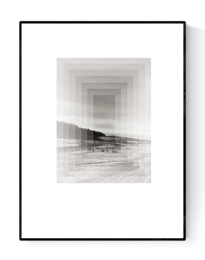 Minimalist Nordic art print SØ by Studio Frits, black-and-white geometric landscape inspired by Swedish winter woods, fine art digital print on matte paper, modern wall decor for Scandinavian and design lovers.