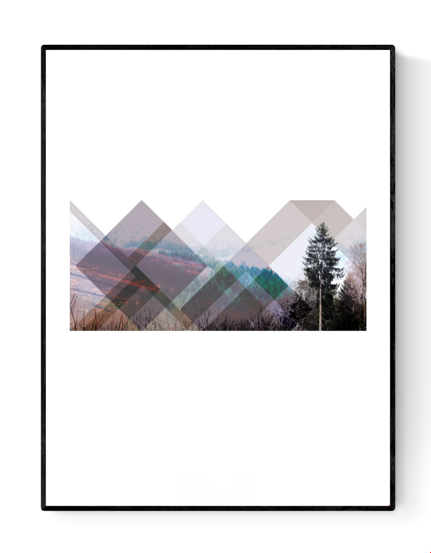 Minimalist geometric landscape art print titled Skogen by Studio Frits, combining layered transparent shapes with a Swedish forest photograph to create a peaceful Scandinavian aesthetic, ideal for contemporary wall decor.