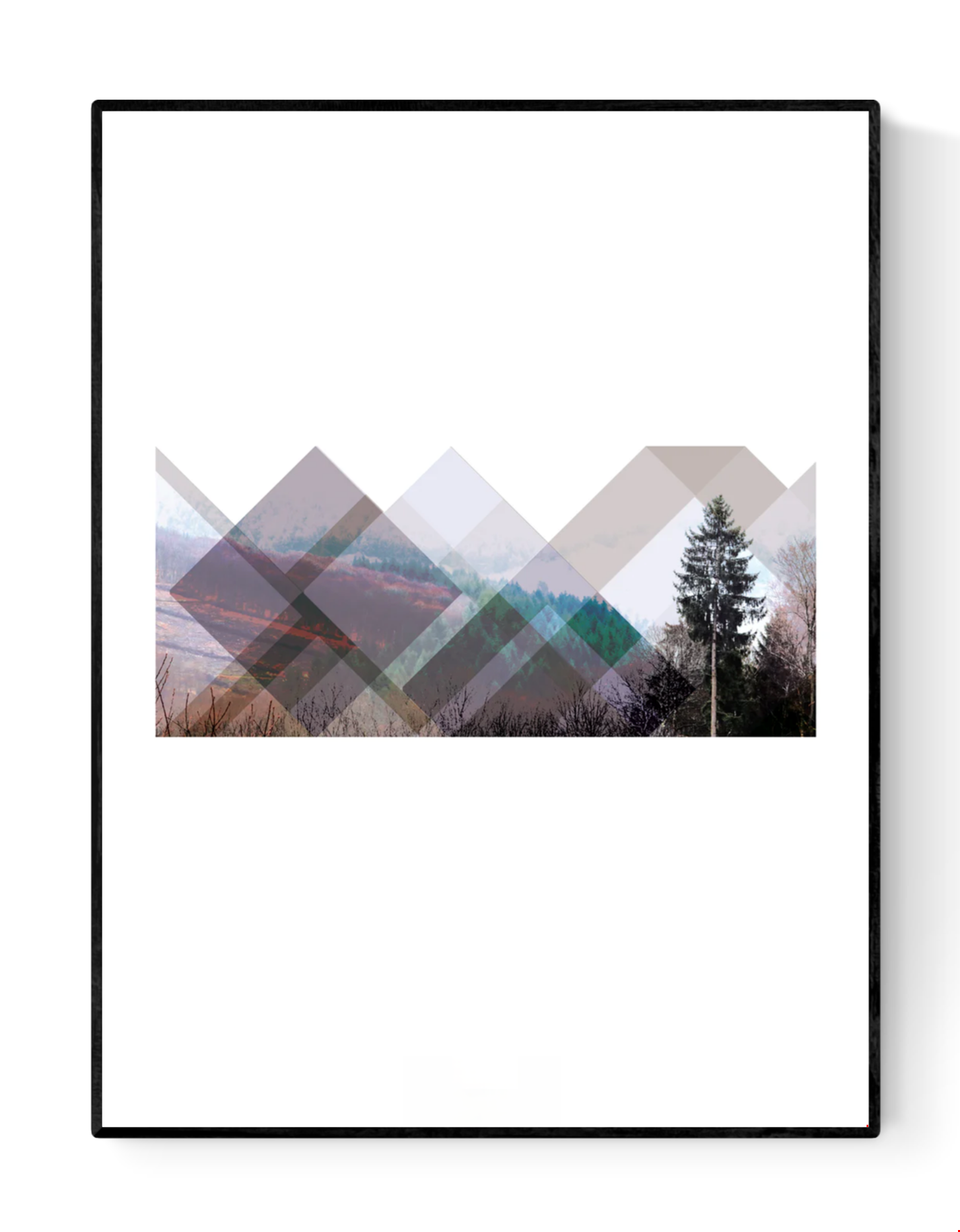 Minimalist geometric landscape art print titled Skogen by Studio Frits, combining layered transparent shapes with a Swedish forest photograph to create a peaceful Scandinavian aesthetic, ideal for contemporary wall decor.