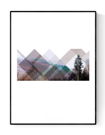 Minimalist geometric landscape art print titled Skogen by Studio Frits, combining layered transparent shapes with a Swedish forest photograph to create a peaceful Scandinavian aesthetic, ideal for contemporary wall decor.