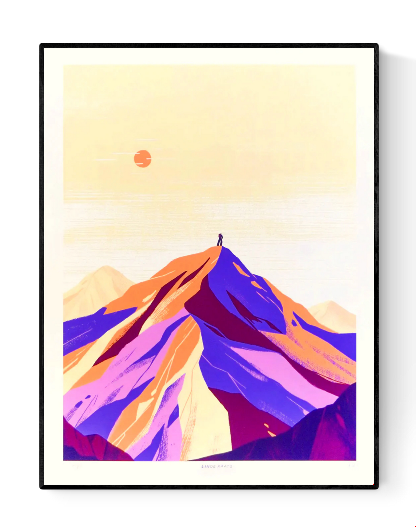 Minimalist giclée art print of the Alps by Belgian illustrator Linde Raats, featuring a pastel-colored mountain landscape in soft purple, peach, and cream tones with a small figure at the summit – 30x40 cm fine art print for modern interiors