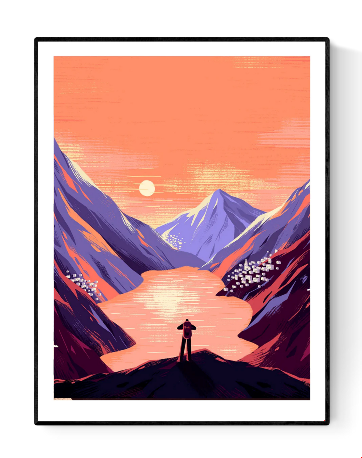 Minimalist mountain landscape art print — hiker with backpack overlooking a glowing orange lake between dramatic purple peaks at sunset, modern travel-inspired wall decor by illustrator Linde Raats
